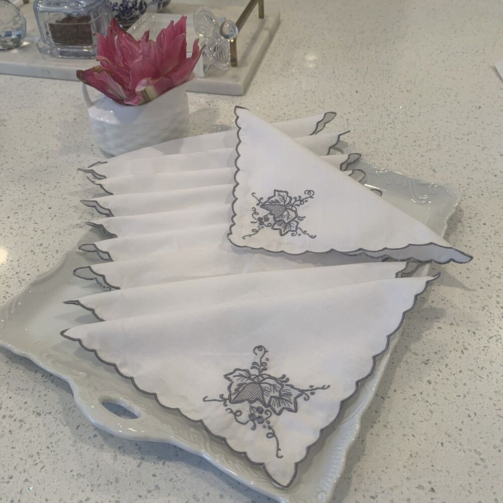Vintage, Handmade Embroidered White Cocktail Napkins Or Tea Coasters , Set Of 10